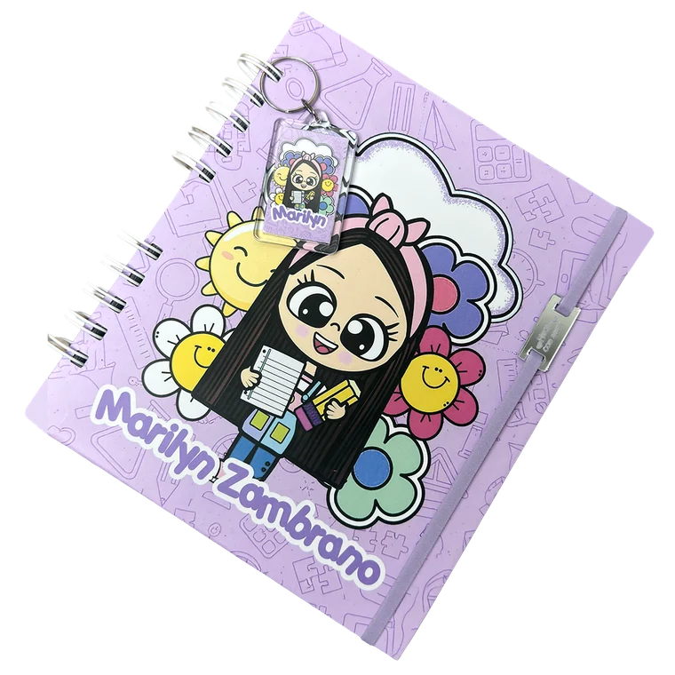 Agenda personalizada lila con argollas y llavero acrílico